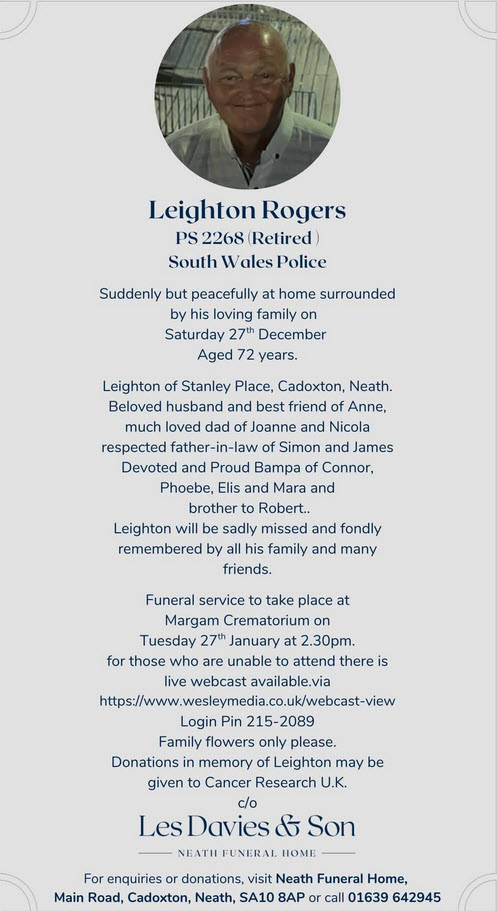 Obituary notice Leighton Rogers